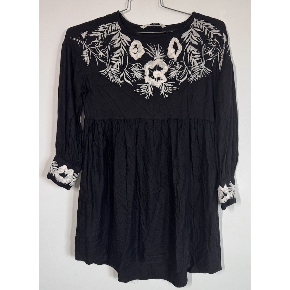 Zara Black Embroidered Long Sleeve Babydoll Boho‎ Mini Dress Size XS Whimsigoth